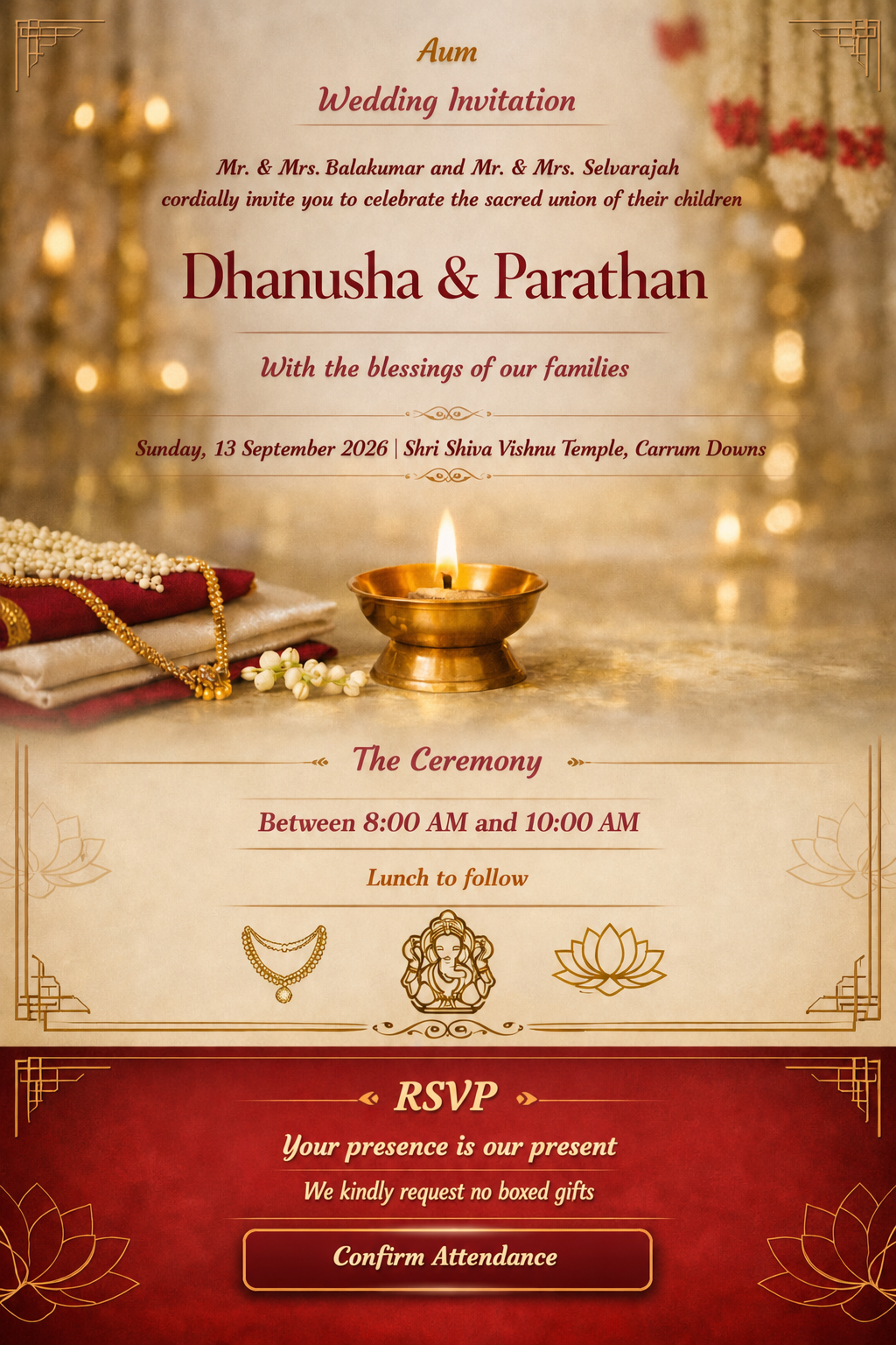Wedding invitation for Dhanusha and Parathan
