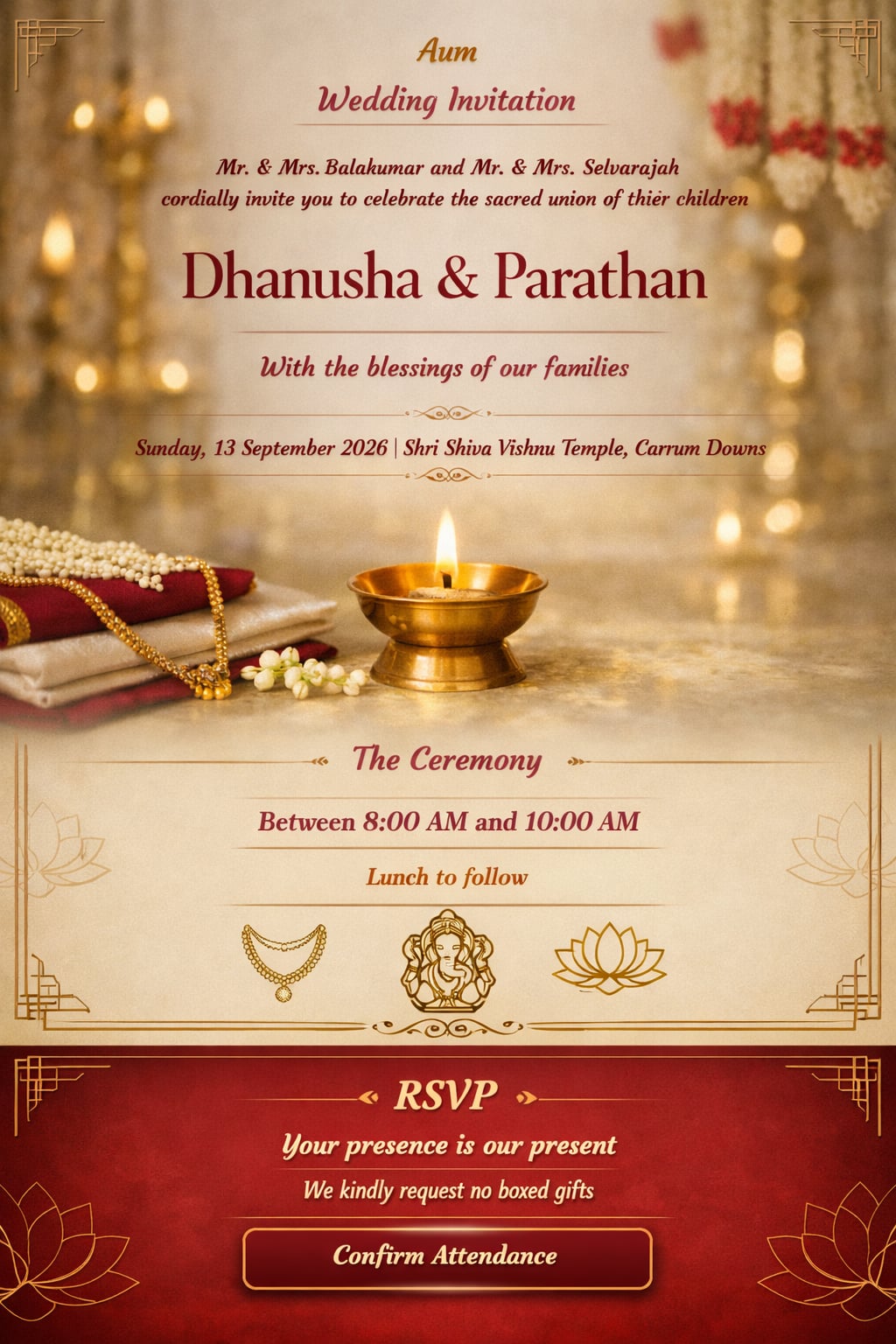 Wedding invitation for Dhanusha and Parathan